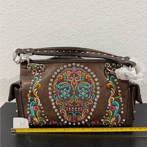 Montana West Embroidered Brown Handbag with Skull Design